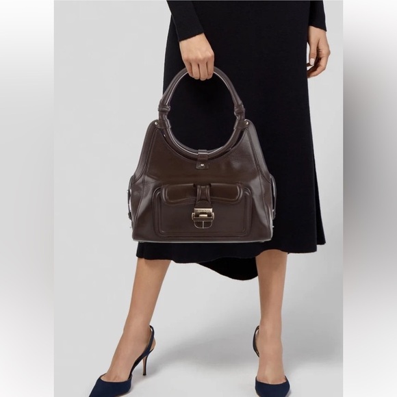 JIMMY CHOO Tahula Dark Brown Leather Gold Hardware Satchel Shoulder Bag Tote - Picture 1 of 16